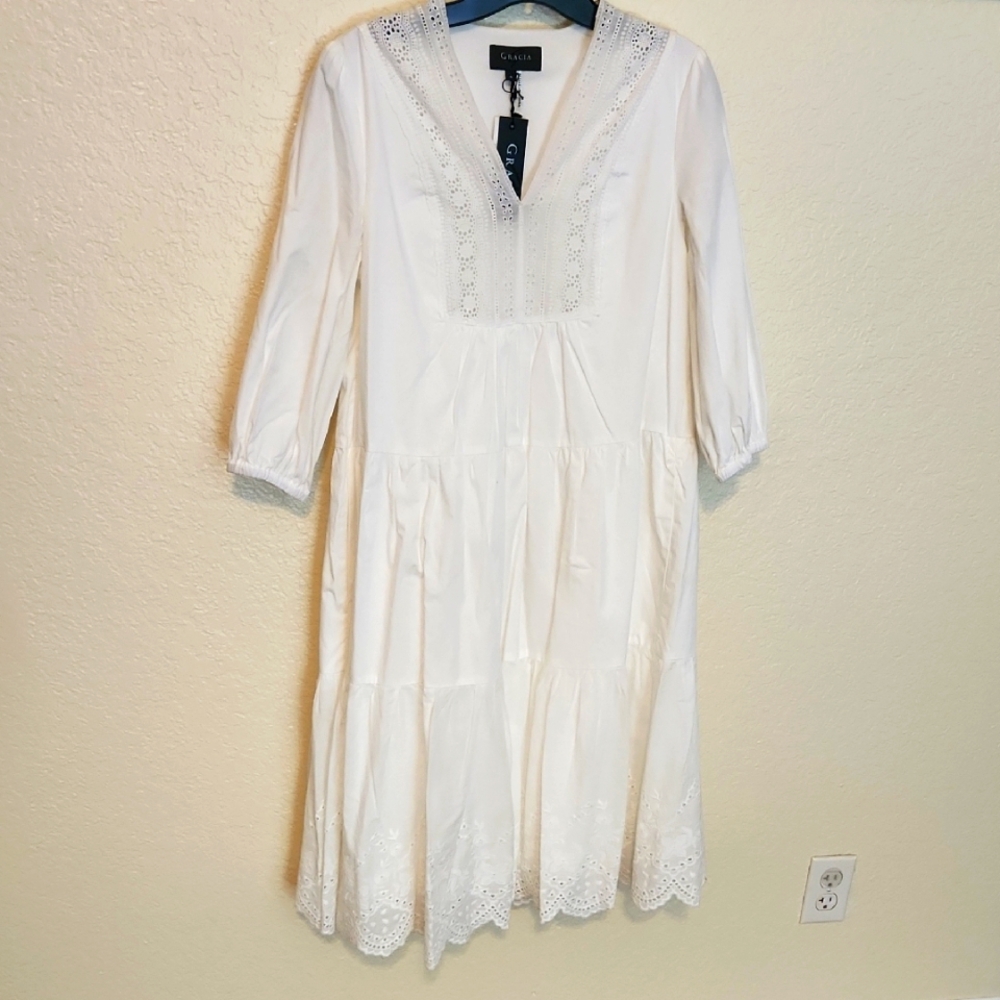 NWT GRACIA Cotton Midi White  Dress With Eyelet detail Size S